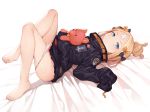  1girl abigail_williams_(fate/grand_order) bangs barefoot belt black_bow black_jacket blonde_hair blue_eyes blush bow crossed_bandaids fate/grand_order fate_(series) feet forehead frills haijin hair_bow hair_bun heroic_spirit_traveling_outfit holding holding_stuffed_animal jacket long_hair long_sleeves looking_at_viewer lying object_hug on_back orange_belt orange_bow panties panty_pull parted_bangs polka_dot polka_dot_bow simple_background sleeves_past_fingers sleeves_past_wrists solo stuffed_animal stuffed_toy teddy_bear underwear white_background white_panties 