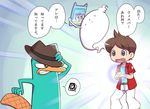  brown_hair crossover ghost hair hat human japanese_text male mammal monotreme nathan_adams nollety perry_the_platypus phineas_and_ferb platypus speech_bubble spirit sweat text translation_request whisper_(yo-kai_watch) yo-kai_watch 