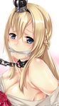  bare_shoulders bdsm blonde_hair blue_eyes blurry bondage bound braid breasts bruise chain cleave_gag cloth_gag crown depth_of_field dress french_braid gag gagged highres improvised_gag injury kantai_collection leash long_hair medium_breasts mini_crown rizuki_suwoto solo warspite_(kantai_collection) 