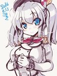  blue_eyes dated epaulettes frilled_sleeves frills gloves hat kantai_collection kashima_(kantai_collection) long_hair military military_uniform miuku_(marine_sapphire) silver_hair smile solo twintails uniform 