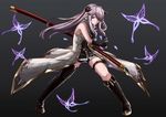  :/ absurdres black_background black_footwear black_gloves blue_eyes boots braid bug butterfly closed_mouth draph fighting_stance fingerless_gloves frown full_body gloves granblue_fantasy hair_over_one_eye highres insect katana lavender_hair long_hair narmaya_(granblue_fantasy) ready_to_draw saamon_(railgun0522) sheath sheathed single_boot single_braid single_thighhigh solo sword thigh_strap thighhighs v-shaped_eyebrows very_long_hair weapon 
