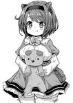  bangs blush bow breasts capelet closed_mouth cowboy_shot draph eyebrows eyebrows_visible_through_hair eyes_visible_through_hair granblue_fantasy greyscale hair_bobbles hair_ornament hairband holding horns large_breasts long_sleeves miniskirt monochrome oppai_loli short_hair simple_background skirt smile solo stuffed_animal stuffed_toy teddy_bear thighhighs white_background yaia_(granblue_fantasy) yukinojou_yakan zettai_ryouiki 