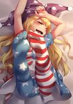  :d absurdres american_flag american_flag_dress american_flag_legwear arm_on_head arms_up ass blonde_hair blush chen_bin clownpiece dress fang feet from_above full_body hat highres jester_cap legs_up long_hair looking_at_viewer lying naughty_face on_back open_mouth pantyhose polka_dot red_eyes short_dress short_sleeves smile soles solo striped striped_legwear toes touhou 