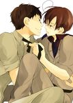  ahoge axis_powers_hetalia blush brown_eyes brown_hair couple green_eyes ribbon short_hair smile south_italy spain tie uniform yaoi 