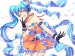  aqua_eyes aqua_hair black_gloves dress gloves hatsune_miku highres kaname_monika long_hair one_eye_closed open_mouth orange_dress side_ponytail solo strapless strapless_dress thighhighs very_long_hair vocaloid white_background 