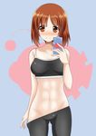  abs absurdres anglerfish ass_visible_through_thighs bike_shorts blush breasts brown_eyes brown_hair cellphone emblem girls_und_panzer groin highres looking_at_viewer medium_breasts navel nishizumi_miho phone qtaro999999 short_hair smile solo sports_bra standing 