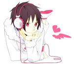  black_hair durarara!! headphones jacket orihara_izaya pink_eyes smile 