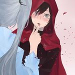  blush brown_hair cape finger_to_another's_mouth grey_hair hood multiple_girls noel_(pixiv5459099) petals ruby_rose rwby silver_eyes weiss_schnee white_hair wide-eyed yuri 