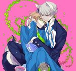  book brown_eyes brown_hair couple dog_ears glasses grey_eyes grey_hair hanamura_yousuke hand_holding hug persona_4 seta_souji short_hair smile suit tail tie yaoi 