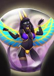  2018 black_fur black_hair blue_eyes cat clothing costume crystal_ball dancing digital_media_(artwork) egyptian feline female fur hair jewelry looking_at_viewer mammal may825 nefermasi smile tattoo wings yellow_ears 