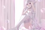  adjusting_hair bare_arms breasts cleavage collarbone curtains dress emilia_(re:zero) hair_ornament hand_in_hair highres knees_up lace lace-trimmed_thighhighs levi9452 long_hair mouth_hold on_bed pillow purple_eyes re:zero_kara_hajimeru_isekai_seikatsu silver_hair sitting small_breasts soap_bubbles solo thighhighs tying_hair very_long_hair white_dress white_legwear 