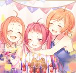  :d ;d ^_^ ahoge bad_id bad_pixiv_id birthday birthday_cake birthday_party blue_dress braid brown_hair cake casual closed_eyes confetti dress food french_braid girl_sandwich happy_birthday harumi_kajika harumi_sawara harumi_shinju holding long_hair multiple_girls one_eye_closed open_mouth party_popper red_eyes red_hair sandwiched shirako_sei siblings sisters smile spaghetti_strap streamers string_of_flags sweat tokyo_7th_sisters twintails 