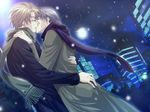  blonde_hair couple glasses grey_hair hug jacket kichiku_megane kiss scarf short_hair snow winter yaoi 