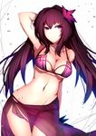  arm_behind_head bikini breasts fate/grand_order fate_(series) flower hair_flower hair_ornament hibiscus large_breasts long_hair navel purple_hair red_eyes saisarisu sarong scathach_(fate)_(all) scathach_(swimsuit_assassin)_(fate) solo swimsuit 