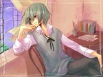  blue_hair genderswap grey_eyes hatsune_mikuo pants ribbon seifuku short_hair smile vocaloid 