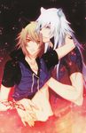  blue_eyes brown_hair cat_ears couple fang hug konoe lamento long_hair rai red_eyes short_hair smile tattoo white_hair yaoi 