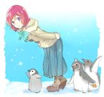  &gt;_&lt; arms_behind_back arms_up bird boots closed_eyes coat full_body fur_trim highres kakizato leaning_forward long_skirt looking_at_viewer love_live! love_live!_school_idol_project nishikino_maki penguin purple_eyes red_hair skirt smile snowflakes winter_clothes winter_coat 