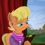  blonde_hair blue_eyes clothed clothing cutie_mark day detailed_background ear_piercing earth_pony equine eyelashes female feral friendship_is_magic frown grass hair hooves horse konsumo mammal ms_harshwhinny_(mlp) my_little_pony outside pencil_(disambiguation) piercing pony sky solo 