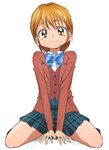  blazer brown_eyes brown_hair brown_jacket eyebrows eyebrows_visible_through_hair futari_wa_precure green_skirt jacket looking_at_viewer manji_(tenketsu) misumi_nagisa plaid plaid_skirt precure school_uniform short_hair simple_background sitting skirt smile solo verone_gakuin_school_uniform wariza white_background 