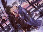  black_hair blue_eyes couple gloves jacket last_ranker pants red_eyes sky smile sword tree uniform water wet white_hair yaoi zig 