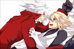  albino angry blazblue blonde_hair blue_eyes couple gloves happy jacket kisaragi_jin ragna_the_bloodedge red_eyes short_hair white_hair yaoi 