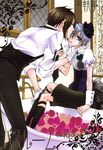  bath black_hair blue_eyes ciel_phantomhive couple flower gloves grey_hair hat kiss kuroshitsuji pants sebastian_michaelis short_hair shorts suit tie yaoi 