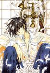  bath black_hair blue_eyes clamp feather pants shirou_kamui short_hair smile x 