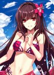  aosaki_yukina bikini breasts fate/grand_order fate_(series) flower hair_flower hair_ornament hibiscus highres index_finger_raised large_breasts long_hair looking_at_viewer navel parted_lips purple_hair red_eyes scathach_(fate)_(all) scathach_(swimsuit_assassin)_(fate) solo swimsuit very_long_hair water 