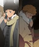  abe_takaya black_eyes blonde_hair blush brown_hair jacket mihashi_ren ookiku_furikabutte phone scarf short_hair 