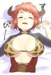  animal_ears animal_print bangs bed_sheet bikini_top blush breasts cleavage closed_eyes cow_ears cow_horns cross cross_earrings draph earrings emoto_reishi eyebrows eyebrows_visible_through_hair granblue_fantasy highres horns iron_cross jewelry large_breasts leopard_print lying on_back open_mouth red_hair short_hair simple_background sleeping solo sturm_(granblue_fantasy) underboob white_background 