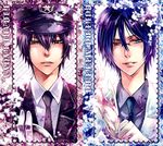  bian_(artist) black_eyes black_hair blue_eyes flower glasses hat heterochromia hibari_kyouya katekyou_hitman_reborn purple_hair red_eyes rokudou_mukuro short_hair tie uniform 