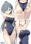  2015 adjusting_clothes adjusting_swimsuit armpits arms_up ass breasts cameltoe character_name cleavage competition_swimsuit dated exe_(xe) green_eyes green_hair hair_ornament hairclip head_out_of_frame highleg highleg_swimsuit kantai_collection leaning_forward long_hair medium_breasts multiple_views one-piece_swimsuit ponytail standing stretch suzuya_(kantai_collection) swimsuit 