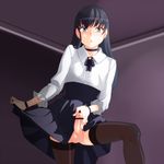  :o bar_censor black_hair censored choker crossdressing earrings erection grey_eyes indoors jewelry kadan_(ad1999) long_hair male_focus otoko_no_ko penis pleated_skirt skirt solo testicles thighhighs 