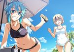  aqua_eyes aqua_hair armband bangs beach_umbrella bikini black_bikini blonde_hair blue_eyes bottle braid can casual_one-piece_swimsuit closed_eyes cloud cloudy_sky coffee crossover darjeeling day frilled_swimsuit frills girls_und_panzer grin hair_ornament highres holding leaning_forward looking_at_another looking_back multiple_girls one-piece_swimsuit open_mouth outdoors print_bikini shikei short_hair sinon sky smile standing swimsuit sword_art_online teasing tied_hair trembling twin_braids umbrella wet white_swimsuit 