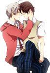  ahoge albino austria axis_powers_hetalia blush brown_hair couple glasses grey_hair hug pants prussia red_eyes short_hair yaoi 