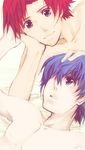  bed blue_eyes blue_hair couple fire_emblem happy marth red_hair roy short_hair smile yaoi 