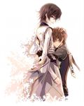  black_hair brown_hair code_geass couple hug kururugi_suzaku lelouch_lamperouge purple_eyes sad short_hair smile uniform yaoi 