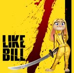  beatrix_kiddo blond_fur blood blue_eyes clothing disney female humor judy_hopps jumpsuit katana kill_bill lagomorph mammal melee_weapon movie parody pink_nose quentin_tarantino rabbit simple_background sword weapon yellow_background zootopia zootopiastories 