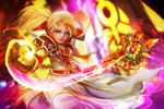  blonde_hair blue_eyes breasts commentary fantasy fire freckles gnome_(warcraft) highres lips long_hair muju nose pauldrons priest_(warcraft) robe small_breasts solo twintails warcraft weapon world_of_warcraft 