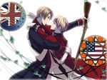  america axis_powers_hetalia blonde_hair blue_eyes couple crossover gloves green_eyes gun hug jacket kannazuki_no_miko moon pants uniform united_kingdom yaoi 