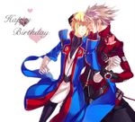  birthday blazblue blonde_hair blush couple flower gloves green_eyes grey_hair heart jacket kisaragi_jin ragna_the_bloodedge short_hair uniform 