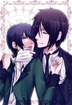  black_hair blue_hair ciel_phantomhive couple gloves hand_holding jacket kuroshitsuji purple_eyes ribbon sebastian_michaelis short_hair smile suit tie yaoi 