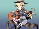  adrian_ferrer alternate_breast_size belt bench blonde_hair blue_eyes crossed_legs elbow_gloves fingerless_gloves flat_chest gloves guitar hat instrument iowa_(kantai_collection) kantai_collection long_hair music playing_instrument sitting solo star star-shaped_pupils striped striped_legwear symbol-shaped_pupils thighhighs younger 
