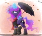  bugplayer clothed clothing cosmic_hair cutie_mark equine feathered_wings feathers female feral friendship_is_magic hooves horn mammal my_little_pony princess_luna_(mlp) scarf simple_background solo umbrella water winged_unicorn wings 
