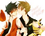  birthday black_hair blush brown_hair green_eyes hat heart jewelry kiss ookido_green pikachu pokemon red red_eyes short_hair surprised sweatdrop yaoi 