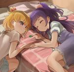  asahina_mirai blonde_hair clover four-leaf_clover gobou_1000 hand_on_another's_hand heart heart-shaped_pupils holding_hands izayoi_liko long_hair looking_at_another lying mahou_girls_precure! multiple_girls on_side precure purple_hair sleeping smile symbol-shaped_pupils yuri 