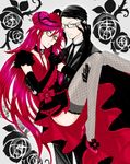  black_hair choker couple dress flower glasses gloves green_eyes grell_sutcliffe headdress kuroshitsuji long_hair red_hair short_hair suit thighhighs tie william_t_spears yaoi 