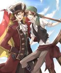  axis_powers_hetalia brown_eyes brown_hair gloves green_eyes happy hat jacket pirate ponytail sky south_italy spain uniform wink 