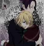  alois_trancy black_hair blonde_hair blue_eyes claude_faustus couple glasses hug kuroshitsuji red_eyes short_hair suit tongue yaoi 