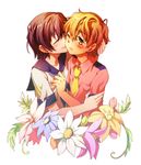  &amp;hat;_&amp;hat; black_hair blonde_hair blush child code_geass couple flower green_eyes hug kururugi_suzaku lelouch_lamperouge smile sweatdrop tie wink yaoi 